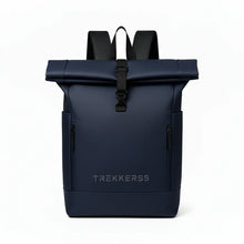 Charger l'image dans la galerie, Sac à dos rolltop bleu marine imperméable avec logo Trekkerss et fermetures éclairs